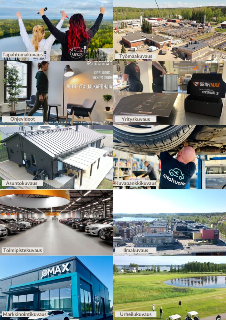 SisältöStudio Miia Salminen Oy palvelut:
Tapahtumakuvaus, työmaakuvaus, yrityskuvaus, ohjevideot, asuntokuvaus, kuvapankkikuvaus, toimipistekuvaus, ilmakuvaus, markkinointikuvaus, urheilukuvaus