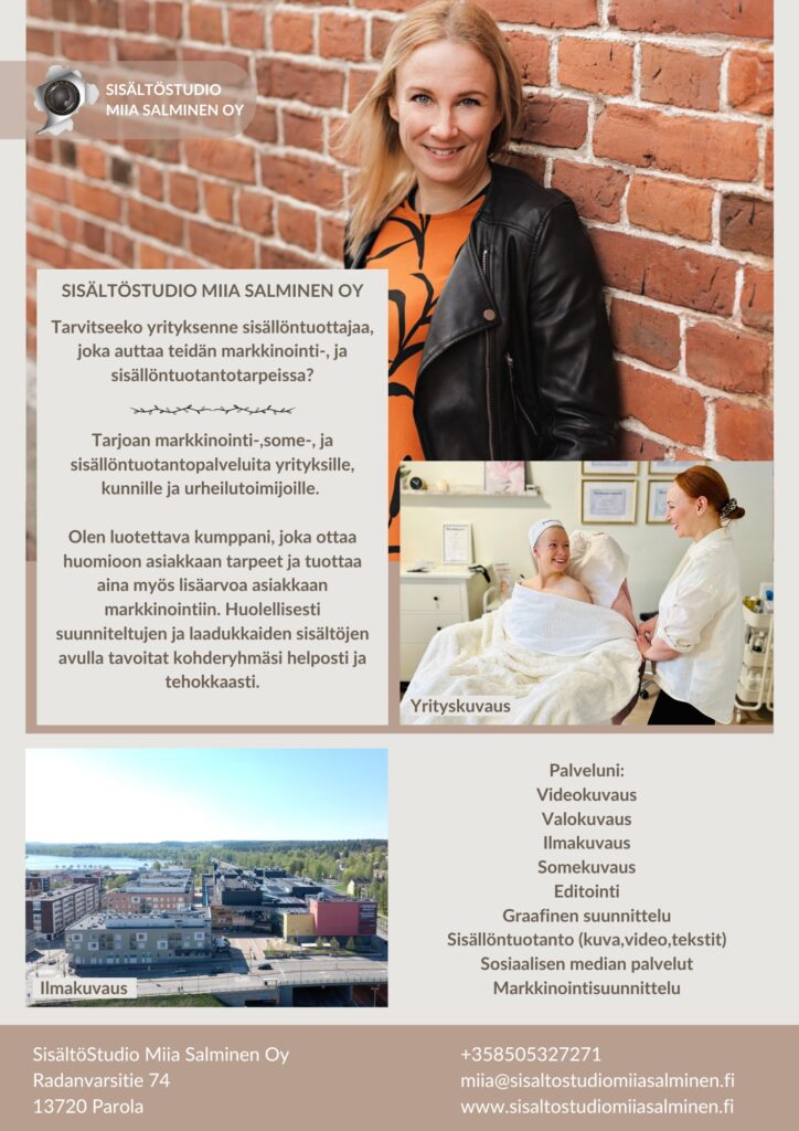 SisältöStudio Miia Salminen Oy tarjoaa markkinointi- ja sisällöntuotantopalveluita yrityksille ja urheilutoimijoille.